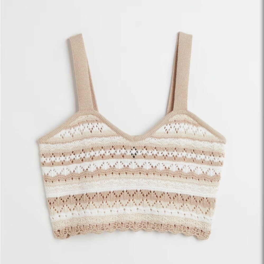 🤍 H&M Divided Crochet Crop Tank – Tan & White (Size S) 🤍